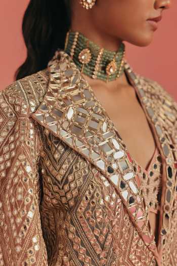 Shop Twenty Nine Pink Net V-neck Mirrorwork Wing Collar Long Anarkali Jacket Online at Aza Fashions Shop_Twenty Nine_Pink Net V-neck Mirrorwork Wing Collar Long Anarkali Jacket _Online_at_Aza_Fashions