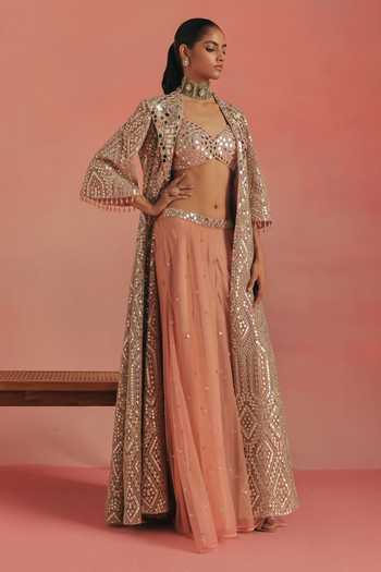 Shop Twenty Nine Pink Chanderi Silk Mirrors Sweetheart Neck Bralette at Aza Fashions Shop_Twenty Nine_Pink Chanderi Silk Mirrors Sweetheart Neck Bralette _at_Aza_Fashions
