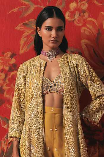 Buy Twenty Nine Yellow Net Mandarin Collar Mirror Work Long Anarkali Jacket Online at Aza Fashions Buy_Twenty Nine_Yellow Net Mandarin Collar Mirror Work Long Anarkali Jacket _Online_at_Aza_Fashions
