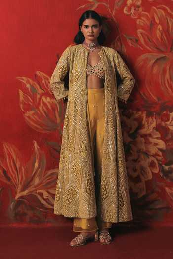 Shop Twenty Nine Yellow Net Mandarin Collar Mirror Work Long Anarkali Jacket Online at Aza Fashions Shop_Twenty Nine_Yellow Net Mandarin Collar Mirror Work Long Anarkali Jacket _Online_at_Aza_Fashions