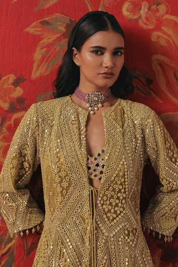 Twenty Nine Yellow Net Mandarin Collar Mirror Work Long Anarkali Jacket at Aza Fashions Twenty Nine_Yellow Net Mandarin Collar Mirror Work Long Anarkali Jacket _at_Aza_Fashions