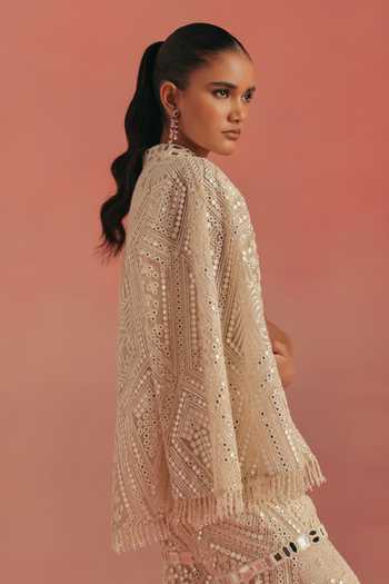 Twenty Nine Ivory Net Mandarin Collar Cape Sleeves Mirror Work Jacket Online at Aza Fashions Twenty Nine_Ivory Net Mandarin Collar Cape Sleeves Mirror Work Jacket _Online_at_Aza_Fashions