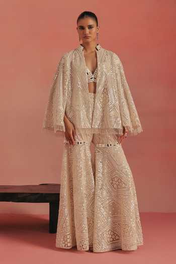 Buy Twenty Nine Ivory Net Mandarin Collar Cape Sleeves Mirror Work Jacket Online at Aza Fashions Buy_Twenty Nine_Ivory Net Mandarin Collar Cape Sleeves Mirror Work Jacket _Online_at_Aza_Fashions