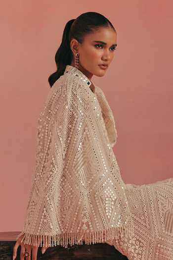 Twenty Nine Ivory Net Mandarin Collar Cape Sleeves Mirror Work Jacket at Aza Fashions Twenty Nine_Ivory Net Mandarin Collar Cape Sleeves Mirror Work Jacket _at_Aza_Fashions