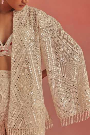 Buy Twenty Nine Ivory Net Mandarin Collar Cape Sleeves Mirror Work Jacket Buy_Twenty Nine_Ivory Net Mandarin Collar Cape Sleeves Mirror Work Jacket