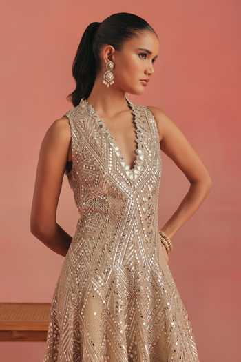 Twenty Nine Gold Net Plunge Neck Mirror Hand Work Anarkali Online at Aza Fashions Twenty Nine_Gold Net Plunge Neck Mirror Hand Work Anarkali _Online_at_Aza_Fashions
