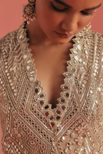 Buy Twenty Nine Gold Net Plunge Neck Mirror Hand Work Anarkali Online at Aza Fashions Buy_Twenty Nine_Gold Net Plunge Neck Mirror Hand Work Anarkali _Online_at_Aza_Fashions