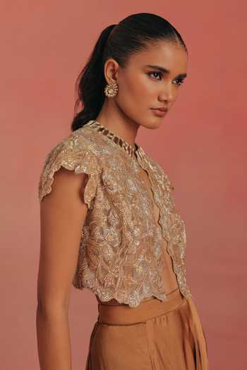 Shop Twenty Nine Gold Net Mandarin Collar Mirror Work Cropped Jacket Online at Aza Fashions Shop_Twenty Nine_Gold Net Mandarin Collar Mirror Work Cropped Jacket _Online_at_Aza_Fashions