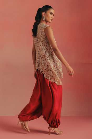 Buy_Twenty Nine_Gold Net Open Neck Embroidered Asymmetric Gilet _Online_at_Aza_Fashions