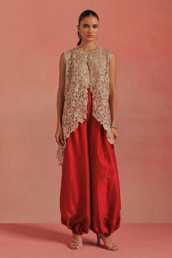 Shop_Twenty Nine_Gold Net Open Neck Embroidered Asymmetric Gilet _Online_at_Aza_Fashions