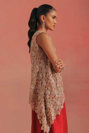 Twenty Nine_Gold Net Open Neck Embroidered Asymmetric Gilet _at_Aza_Fashions