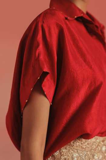 Shop Twenty Nine Maroon Silk Collared Neck Cap Sleeves Shirt Online at Aza Fashions Shop_Twenty Nine_Maroon Silk Collared Neck Cap Sleeves Shirt _Online_at_Aza_Fashions