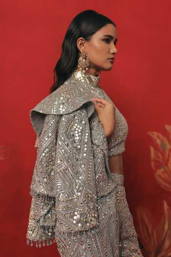 Twenty Nine_Blue Net Choker Neck Monarch Collar Embroidered Cropped Jacket _Online_at_Aza_Fashions