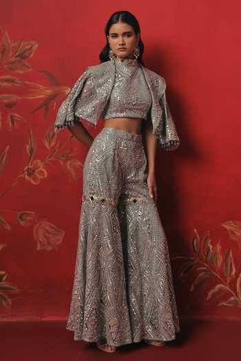 Buy_Twenty Nine_Blue Net Choker Neck Monarch Collar Embroidered Cropped Jacket _Online_at_Aza_Fashions
