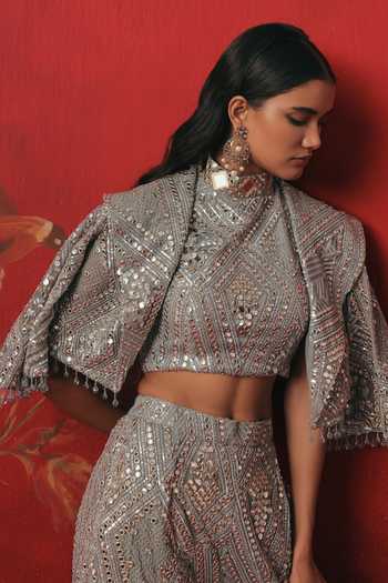 Shop_Twenty Nine_Blue Net Choker Neck Monarch Collar Embroidered Cropped Jacket _Online_at_Aza_Fashions