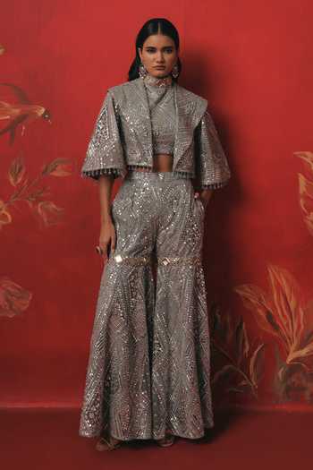 Twenty Nine_Blue Net Choker Neck Monarch Collar Embroidered Cropped Jacket _at_Aza_Fashions