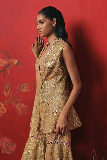Buy Twenty Nine Gold Net Plunge Neck Sleeveless Embroidered Peplum Jacket Online at Aza Fashions Buy_Twenty Nine_Gold Net Plunge Neck Sleeveless Embroidered Peplum Jacket _Online_at_Aza_Fashions