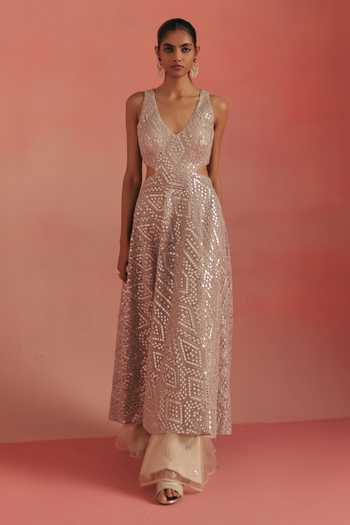 Twenty Nine_Silver Net V-neck Embroidered Backless Dress _Online_at_Aza_Fashions