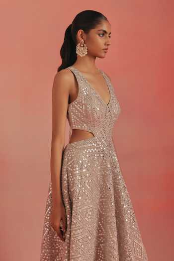 Buy_Twenty Nine_Silver Net V-neck Embroidered Backless Dress _Online_at_Aza_Fashions