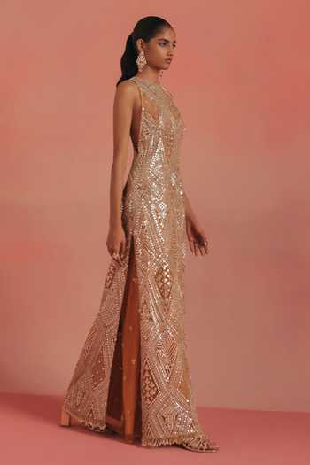Twenty Nine Orange Net High Neck Embroidered Side Slit Dress Online at Aza Fashions Twenty Nine_Orange Net High Neck Embroidered Side Slit Dress _Online_at_Aza_Fashions