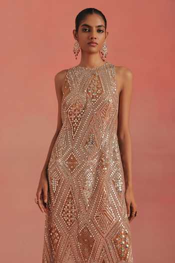 Buy Twenty Nine Orange Net High Neck Embroidered Side Slit Dress Online at Aza Fashions Buy_Twenty Nine_Orange Net High Neck Embroidered Side Slit Dress _Online_at_Aza_Fashions