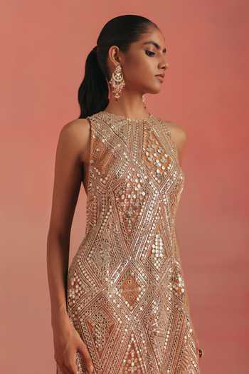 Shop Twenty Nine Orange Net High Neck Embroidered Side Slit Dress Online at Aza Fashions Shop_Twenty Nine_Orange Net High Neck Embroidered Side Slit Dress _Online_at_Aza_Fashions