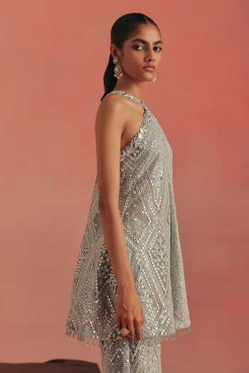 Buy_Twenty Nine_Blue Net Halter Neck Embroidered Short Tunic _Online_at_Aza_Fashions