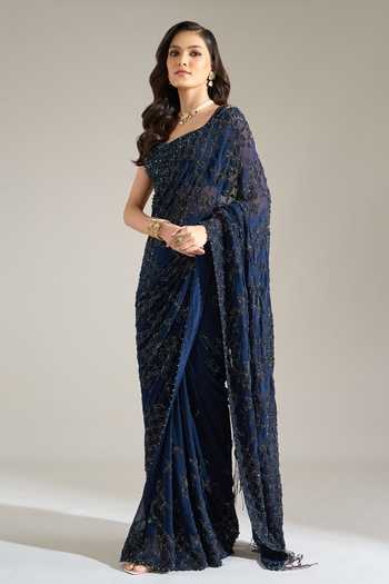 Buy Nakul Sen Blue Silk, Chiffon Square Neck Sequin Floral Embroidered Saree With Blouse Online at Aza Fashions Buy_Nakul Sen_Blue Silk, Chiffon Square Neck Sequin Floral Embroidered Saree With Blouse _Online_at_Aza_Fashions