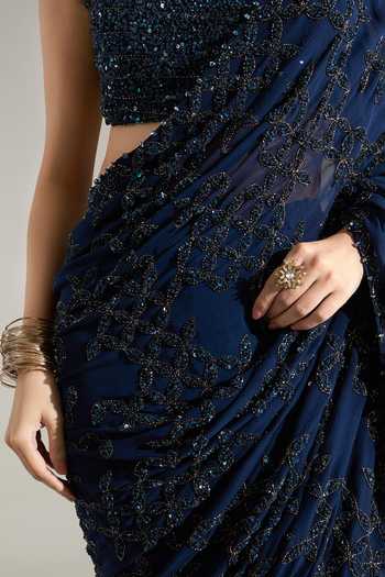 Shop Nakul Sen Blue Silk, Chiffon Square Neck Sequin Floral Embroidered Saree With Blouse Online at Aza Fashions Shop_Nakul Sen_Blue Silk, Chiffon Square Neck Sequin Floral Embroidered Saree With Blouse _Online_at_Aza_Fashions