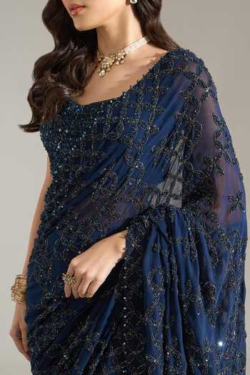 Nakul Sen Blue Silk, Chiffon Square Neck Sequin Floral Embroidered Saree With Blouse at Aza Fashions Nakul Sen_Blue Silk, Chiffon Square Neck Sequin Floral Embroidered Saree With Blouse _at_Aza_Fashions