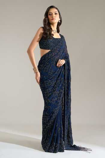 Buy Nakul Sen Blue Silk, Chiffon Square Neck Sequin Floral Embroidered Saree With Blouse Buy_Nakul Sen_Blue Silk, Chiffon Square Neck Sequin Floral Embroidered Saree With Blouse