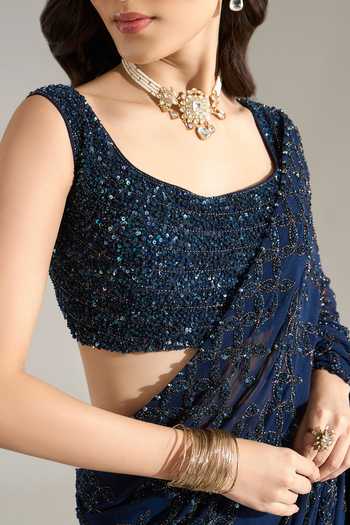 Shop Nakul Sen Blue Silk, Chiffon Square Neck Sequin Floral Embroidered Saree With Blouse Shop_Nakul Sen_Blue Silk, Chiffon Square Neck Sequin Floral Embroidered Saree With Blouse