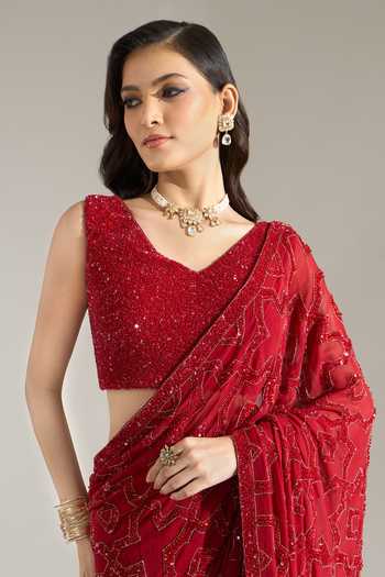 Buy Nakul Sen Red Silk, Chiffon V-neck Sequin Geometric Embroidered Saree With Blouse Online at Aza Fashions Buy_Nakul Sen_Red Silk, Chiffon V-neck Sequin Geometric Embroidered Saree With Blouse _Online_at_Aza_Fashions