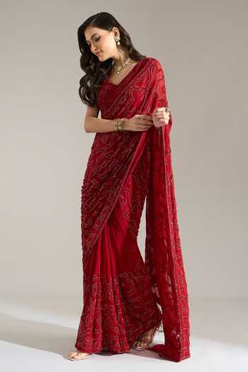 Shop Nakul Sen Red Silk, Chiffon V-neck Sequin Geometric Embroidered Saree With Blouse Online at Aza Fashions Shop_Nakul Sen_Red Silk, Chiffon V-neck Sequin Geometric Embroidered Saree With Blouse _Online_at_Aza_Fashions
