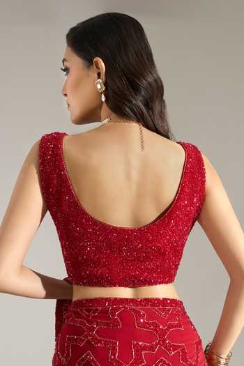 Nakul Sen Red Silk, Chiffon V-neck Sequin Geometric Embroidered Saree With Blouse at Aza Fashions Nakul Sen_Red Silk, Chiffon V-neck Sequin Geometric Embroidered Saree With Blouse _at_Aza_Fashions