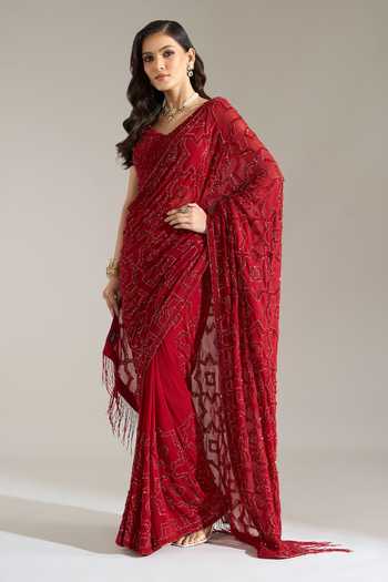 Buy Nakul Sen Red Silk, Chiffon V-neck Sequin Geometric Embroidered Saree With Blouse Buy_Nakul Sen_Red Silk, Chiffon V-neck Sequin Geometric Embroidered Saree With Blouse
