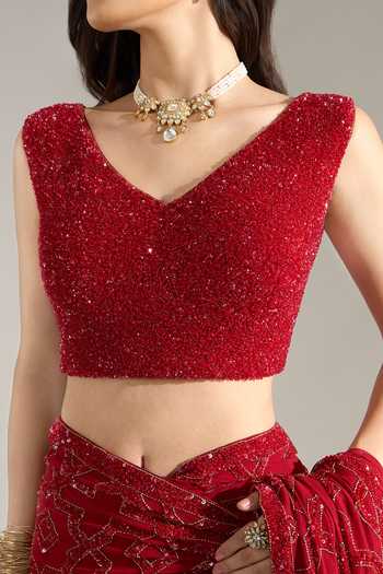 Shop Nakul Sen Red Silk, Chiffon V-neck Sequin Geometric Embroidered Saree With Blouse Shop_Nakul Sen_Red Silk, Chiffon V-neck Sequin Geometric Embroidered Saree With Blouse