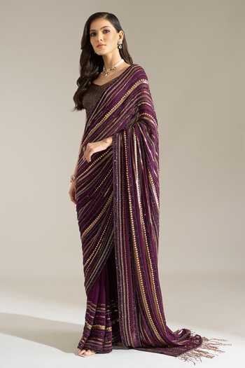 Buy Nakul Sen Purple Silk, Chiffon V-neck Liner Embroidered Saree With Blouse Online at Aza Fashions Buy_Nakul Sen_Purple Silk, Chiffon V-neck Liner Embroidered Saree With Blouse _Online_at_Aza_Fashions