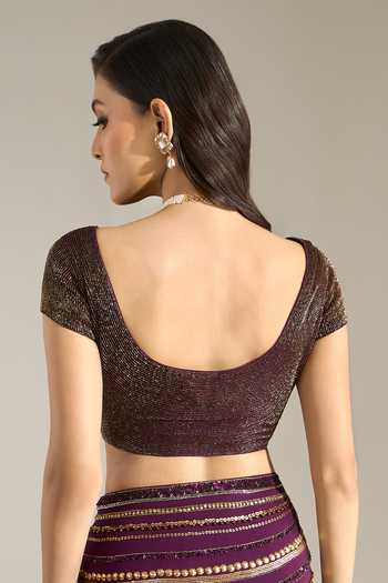 Shop Nakul Sen Purple Silk, Chiffon V-neck Liner Embroidered Saree With Blouse Online at Aza Fashions Shop_Nakul Sen_Purple Silk, Chiffon V-neck Liner Embroidered Saree With Blouse _Online_at_Aza_Fashions