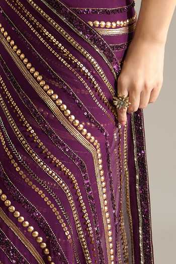 Nakul Sen Purple Silk, Chiffon V-neck Liner Embroidered Saree With Blouse at Aza Fashions Nakul Sen_Purple Silk, Chiffon V-neck Liner Embroidered Saree With Blouse _at_Aza_Fashions