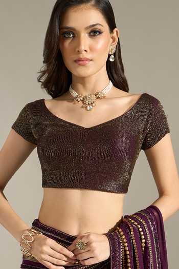 Shop Nakul Sen Purple Silk, Chiffon V-neck Liner Embroidered Saree With Blouse Shop_Nakul Sen_Purple Silk, Chiffon V-neck Liner Embroidered Saree With Blouse