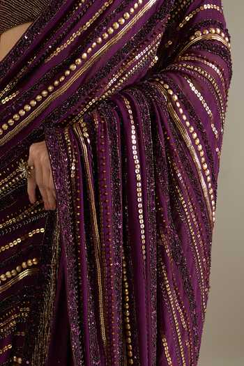 Buy Nakul Sen Purple Silk, Chiffon V-neck Liner Embroidered Saree With Blouse Online at Aza Fashions Buy_Nakul Sen_Purple Silk, Chiffon V-neck Liner Embroidered Saree With Blouse _Online_at_Aza_Fashions