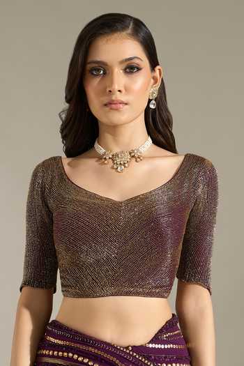 Shop Nakul Sen Purple Silk, Chiffon V-neck Liner Embroidered Saree With Blouse Online at Aza Fashions Shop_Nakul Sen_Purple Silk, Chiffon V-neck Liner Embroidered Saree With Blouse _Online_at_Aza_Fashions