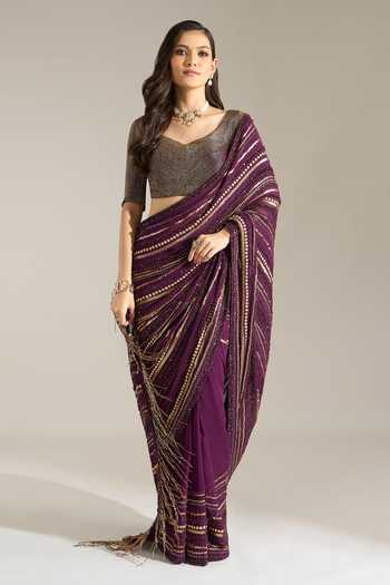 Nakul Sen Purple Silk, Chiffon V-neck Liner Embroidered Saree With Blouse at Aza Fashions Nakul Sen_Purple Silk, Chiffon V-neck Liner Embroidered Saree With Blouse _at_Aza_Fashions