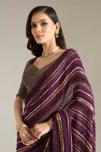 Buy Nakul Sen Purple Silk, Chiffon V-neck Liner Embroidered Saree With Blouse Buy_Nakul Sen_Purple Silk, Chiffon V-neck Liner Embroidered Saree With Blouse