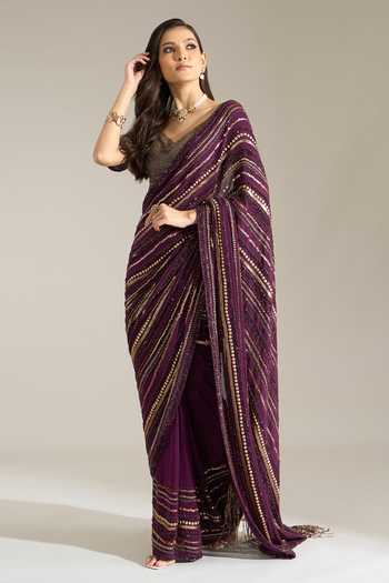 Shop Nakul Sen Purple Silk, Chiffon V-neck Liner Embroidered Saree With Blouse Shop_Nakul Sen_Purple Silk, Chiffon V-neck Liner Embroidered Saree With Blouse
