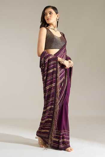 Shop Nakul Sen Purple Silk, Chiffon Scoop Neck Liner Embroidered Saree With Blouse Online at Aza Fashions Shop_Nakul Sen_Purple Silk, Chiffon Scoop Neck Liner Embroidered Saree With Blouse _Online_at_Aza_Fashions