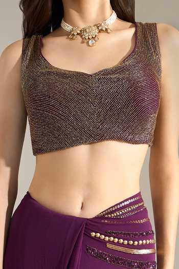 Buy Nakul Sen Purple Silk, Chiffon Scoop Neck Liner Embroidered Saree With Blouse Buy_Nakul Sen_Purple Silk, Chiffon Scoop Neck Liner Embroidered Saree With Blouse