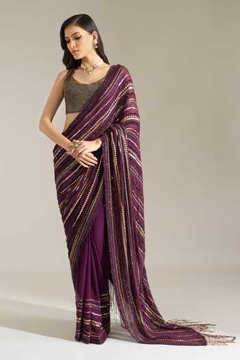 Shop Nakul Sen Purple Silk, Chiffon Scoop Neck Liner Embroidered Saree With Blouse Shop_Nakul Sen_Purple Silk, Chiffon Scoop Neck Liner Embroidered Saree With Blouse