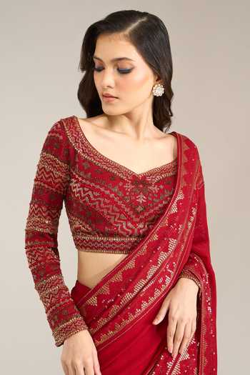 Buy Nakul Sen Red Silk, Chiffon Leaf Neck Border Embroidered Saree With Blouse Online at Aza Fashions Buy_Nakul Sen_Red Silk, Chiffon Leaf Neck Border Embroidered Saree With Blouse _Online_at_Aza_Fashions